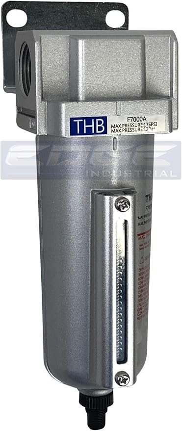 HEAVY DUTY INDUSTRIAL RATED HIGH FLOW PARTICULATE FILTER, IN-LINE WATER TRAP FOR COMPRESSED AIR LINE SYSTEMS, 5 MICRON WITH METAL BOWL AND AUTO DRAIN (3/4" NPT, 5oz)