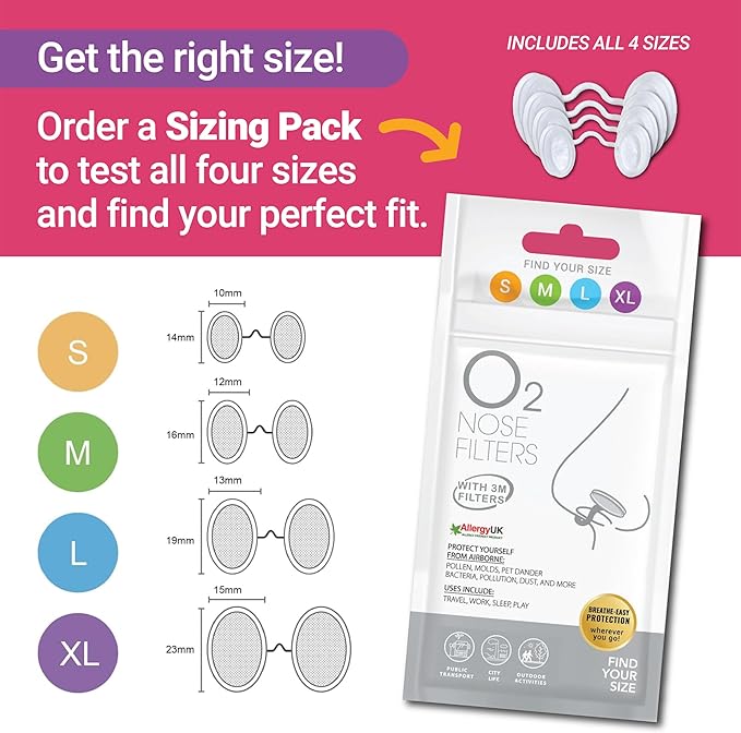 O2 Nose Filters with 3M Filtration - Nasal Screens for Allergies, Dust & Smoke - Drug-Free & Latex-Free Nose Filters - Invisible Allergy Protection (Large x 20)