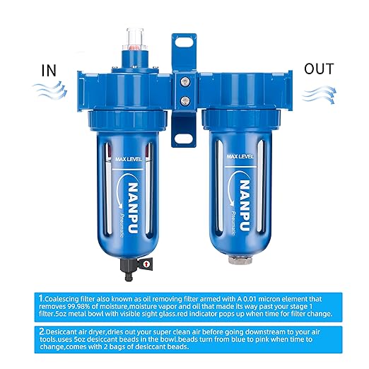NANPU Zinc Alloy Coalescing Filter & Desiccant Dryer System, Poly Bowl, Suitable for Paint Spray & Plasma Cutter (1/4" NPT)