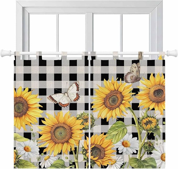 Sunflowers Bedroom Curtains 63 Inch Length, Window Curtains Tab Top, Yellow Flowers Butterfly Farmhouse Black Plaid Light Filtering Window Treatments Drapes 42"x63" 2 Panel