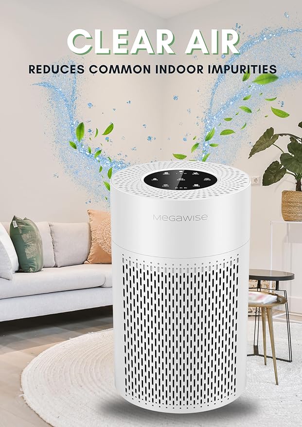 MEGAWISE Air Purifier for Home, Bedroom & Office, H13 True HEPA Filter, Smart Air Quality Sensor, Removes Dust, Smoke & Odors, Quiet Sleep Mode, Covers Up to 216 sq. ft.