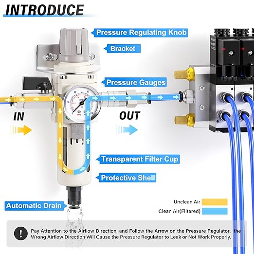 TAILONZ PNEUMATIC 1/2 Inch NPT Automatic Drain Air Filter Pressure Regulator Combo Piggyback, Air Tool Compressor Filter with Gauge AW4000-04D