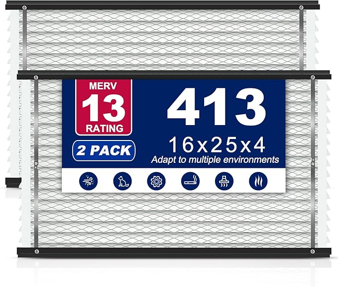 2-Pack 413 Filter Replacement Compatible with AprilAire Whole House Air Purifiers,Models 1410,1610,2410,2416,3410,4400,MERV 13 16x25x4 Pleated HVAC AC Furnace Filter