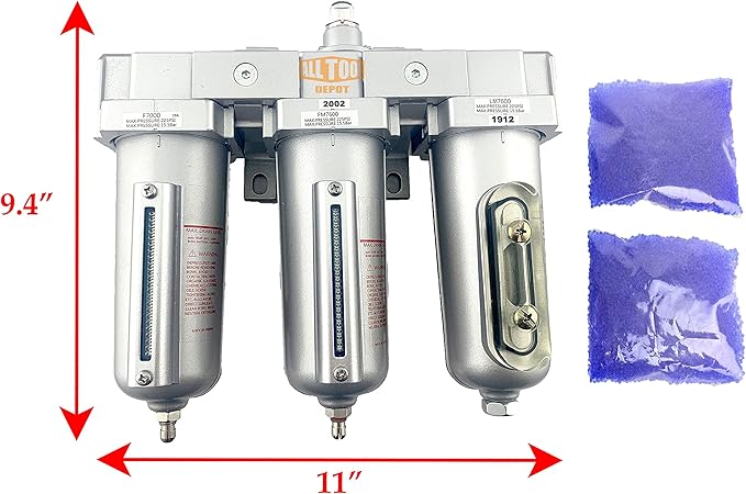 1/2" NPT HEAVY DUTY Industrial Grade 3 Stages Filter Coalescing Desiccant Dryer System For Compressed Air Lines, Metal Bowls, Great For Paint Spray And Plasma Cutter (MANUAL DRAIN)