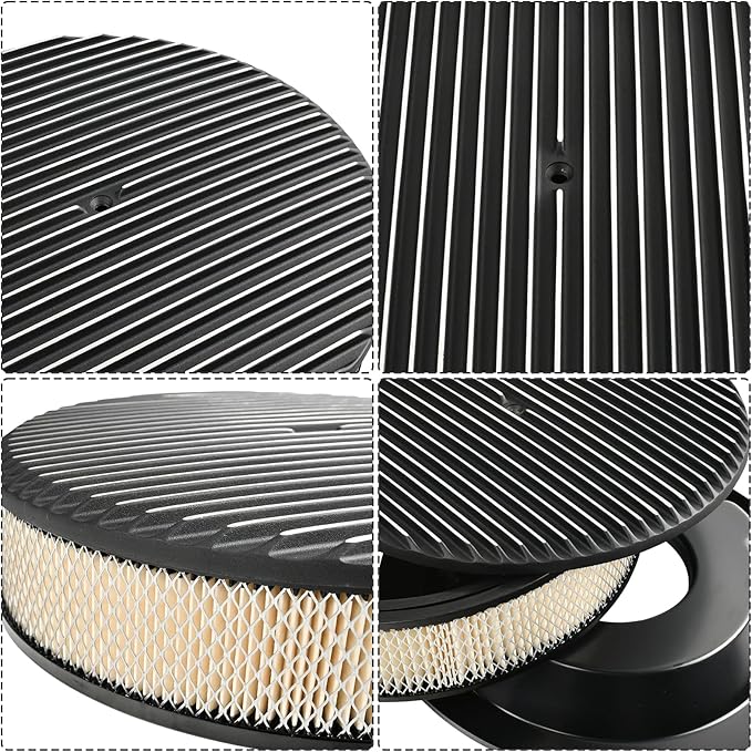 14 x 3 Inch Round Black Air Cleaner Kit Fully Finned Top with Flat Style Base Compatible with Chevy Ford GM