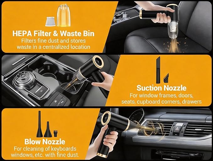 Cozylady Handheld Car Vacuum Portable Cordless,High Power 4 in 1 Vacuum Cleaner & Air Duster & Air Blower for Car, Home, Office, Camping, Pet (Black)