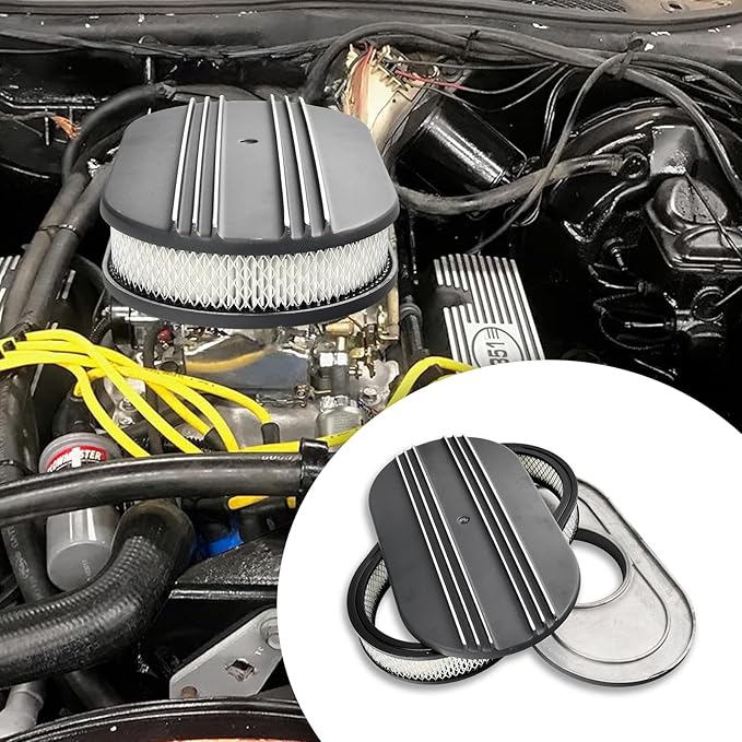 15" Black Aluminum Air Cleaner Assembly Kit Alloy Oval Partial Half Finned with Element