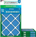 Filterbuy 20x34x1 Air Filter MERV 13 Optimal Smoke & Allergy Defense (4-Pack), Electrostatic Pleated HVAC AC Furnace Filters Replacement, Made in USA (Actual Size: 19.50 x 33.50 x 0.75)