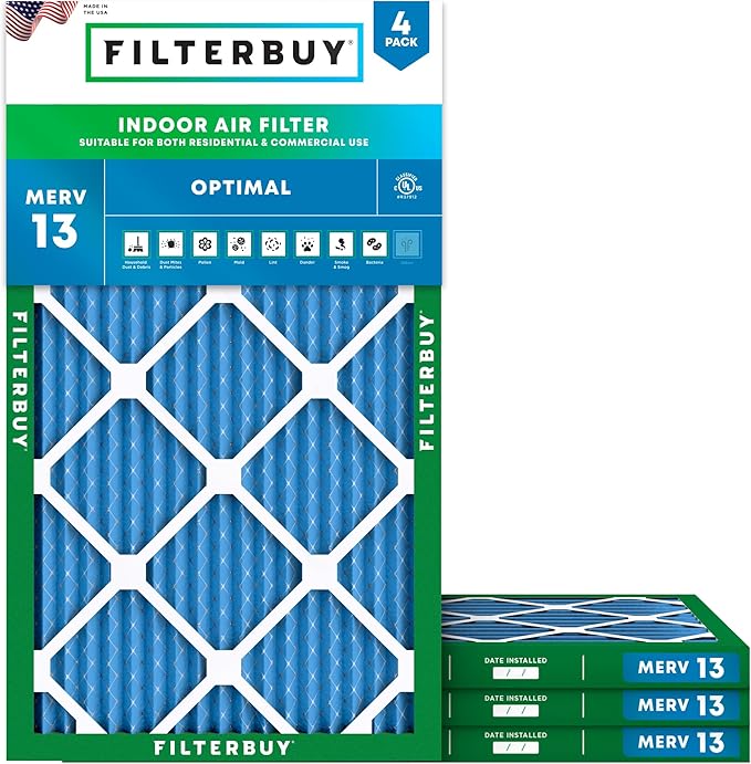Filterbuy 20x34x1 Air Filter MERV 13 Optimal Smoke & Allergy Defense (4-Pack), Electrostatic Pleated HVAC AC Furnace Filters Replacement, Made in USA (Actual Size: 19.50 x 33.50 x 0.75)