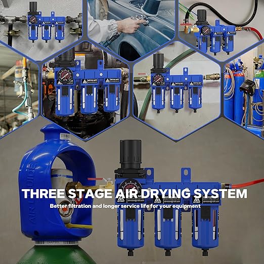 1/2" NPT Three Stage Air Drying System, 5 &0.5 &0.01 Micron Filter Cartridge,Semi-Auto Drain,Air Dryer System Air Compressor Filter Dryer, Metal Bracket-Blue