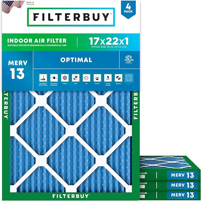 Filterbuy 17x22x1 Air Filter MERV 13 Optimal Smoke & Allergy Defense (4-Pack), Electrostatic Pleated HVAC AC Furnace Filters Replacement, Made in USA (Actual Size: 16.50 x 21.50 x 0.75)
