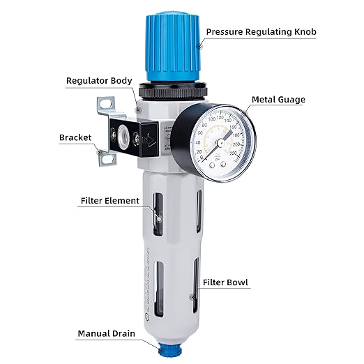 NANPU 1/4" NPT High Pressure Compressed Air Filter Regulator Water/Oil Trap Separator - Gauge(0-230 psi), Poly Bowl,Semi-Auto Drain, Bracket