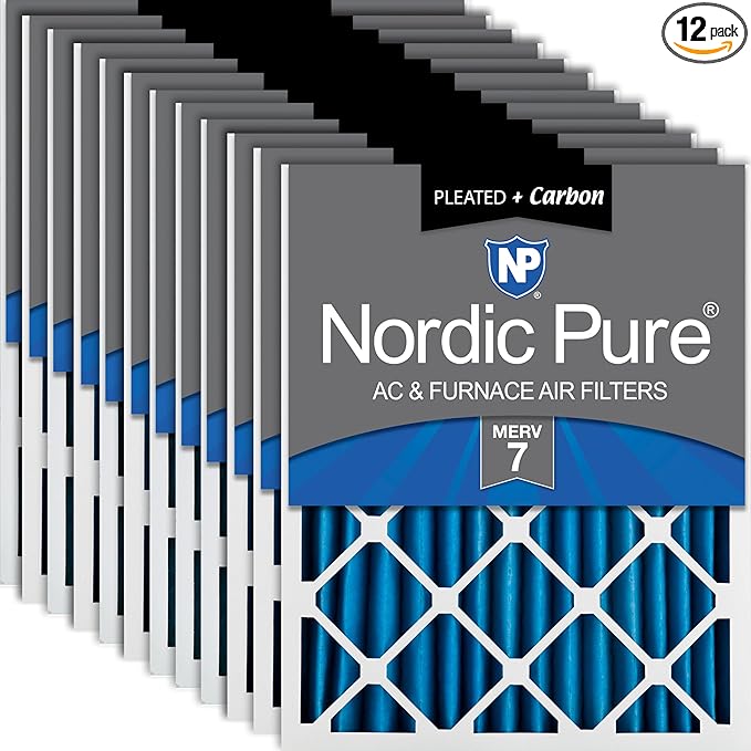 Nordic Pure 20x20x2 (Actual Size: 19 1/2 x 19 1/2 x 1 3/4) Pleated Air Filters MERV 7 Plus Carbon 12 Pack