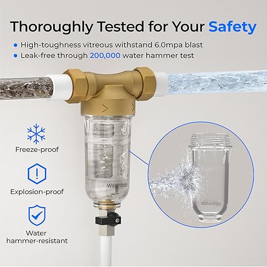 Waterdrop Spin Down Sediment Filter, Backwash Whole House Water Filter System for Well Water, 50 Micron+200 Micron, 1" MNPT + 3/4" FNPT + 3/4" MNPT, Traps Sand, BPA Free