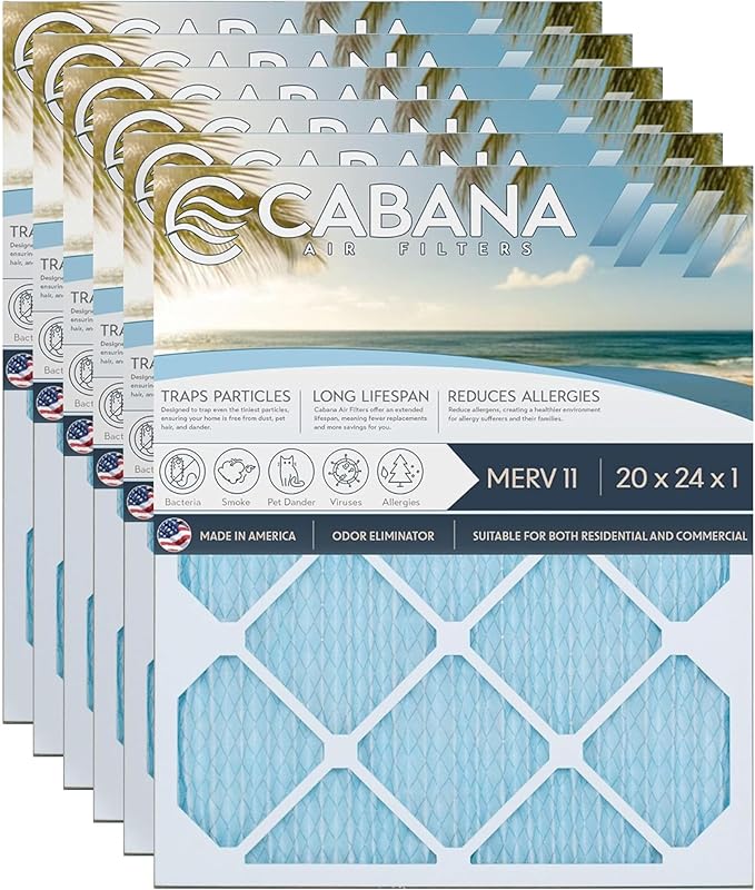 Cabana Filters 6-Pack 20x24x1 MERV 11 AC Furnace Air Filter for Home and Office - Indoor HVAC System Filtration Replacement, Captures Unwanted Particles