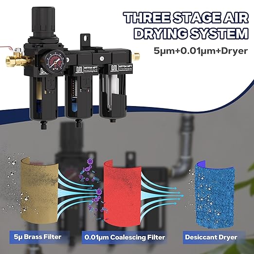 NEWPO 1/2" NPT 3 Stage Air Drying System,Air Dryer for Compressor with 5＆0.01 Micron Filter Cartridge，Desiccant Dryer & Air Regulator, Metal Bowl Semi-Auto Drain