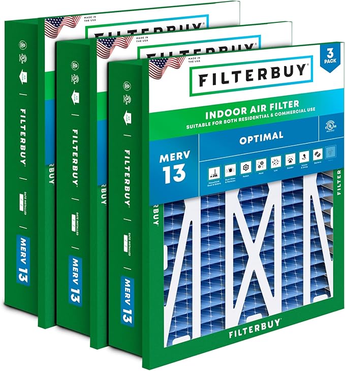 Filterbuy 20x20x5 Air Filter MERV 13 Optimal Smoke & Allergy Defense (3-Pack), Electrostatic Pleated HVAC AC Furnace Filters for Honeywell Return Grille FC40R1003 (Actual Size: 18.38 x 18.38 x 3.69)