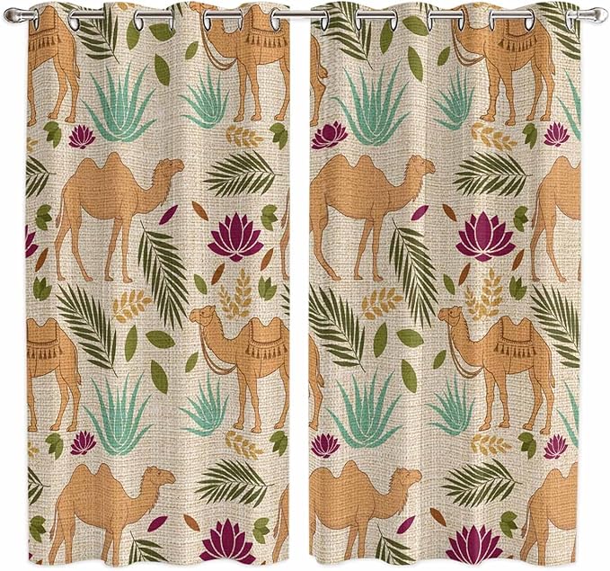 2 Panel Kitchen Cafe Curtains, Desert Camels Sunlight Filtering Nature Air Through, Home Decor Window Covering Tier Curtains for Living Room 80W x 63L inch Vintage Sand Animals Aloe Vera Leaves Beige