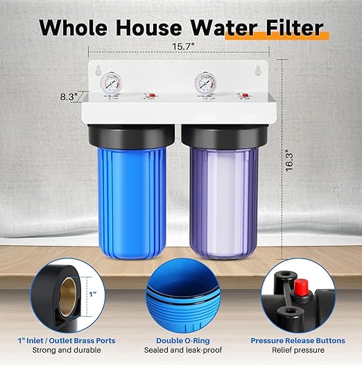 PUREPLUS 2-Stage Whole House Water Filtration System, Reduces Chlorine, Odor, Heavy Metals & Rust, 10"x4.5" Clear Housing, 1" Inlet/Outlet, PP Grooved Sediment&KDF Carbon Filters, With Pressure Gauges