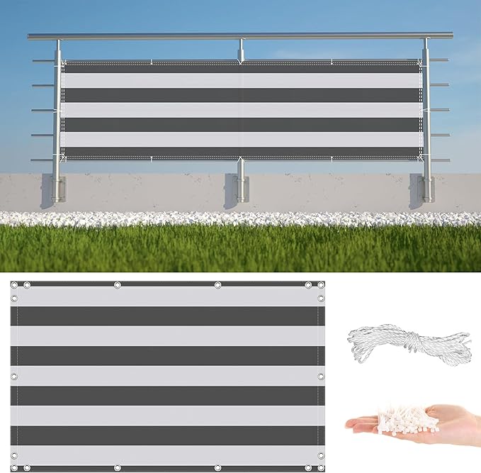 Privacy Fence Screen 4.9' x 26.2' UV Protection (HDPE) Weather-Resistant Outdoor Privacy Screen, Includes Cable Ties for Decks, Patios, Backyards, Outdoor Pools, Porches, Railings, Gray Stripes