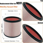 Fine Dust Replacement Filter for Vacmaster 5-20 Gallon/Hart Shop Vacuum 5-17 Gallon, Replaces Hart VCFS 3701 Filter/VCFF Filter, Fits most Shop-Vac/Craftsman Vacuum, with 2x Wet Foam Sleeve