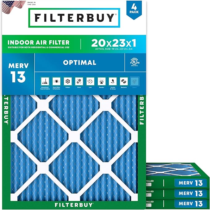 Filterbuy 20x23x1 Air Filter MERV 13 Optimal Smoke & Allergy Defense (4-Pack), Electrostatic Pleated HVAC AC Furnace Filters Replacement, Made in USA (Actual Size: 19.50 x 22.50 x 0.75)