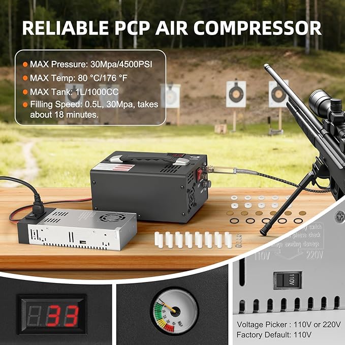 TW03 PCP Air Compressor,Portable 4500Psi/30Mpa,Water/Oil-Free,PCP Rifle/Pistol and Paintball Tank Air Pump, (110V AC or 12V Car Battery) with Power Converter and Oil-Moisture Filter