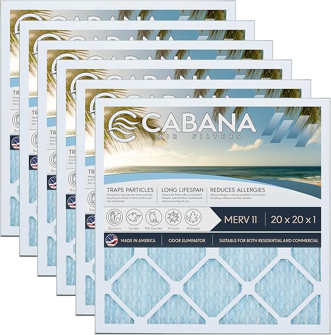 Cabana Filters 6-Pack 20x20x1 MERV 11 AC Furnace Air Filter for Home and Office - Indoor HVAC System Filtration Replacement, Captures Unwanted Particles