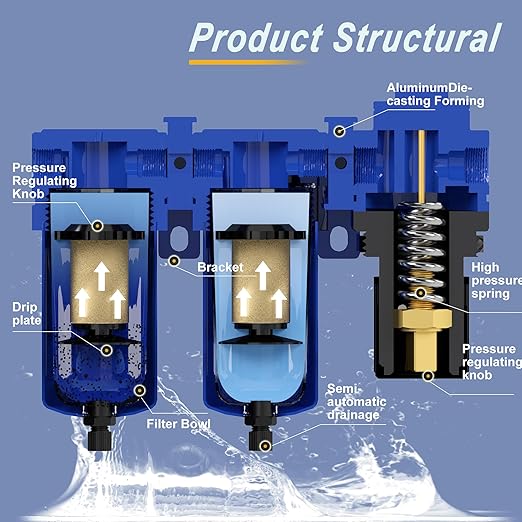 1/2" NPT Air Dryer System,Air Compressor Filter Dryer,5 and 5 Micron Filter Cartridge,Semi-Auto Drain, Metal Bracket-Blue