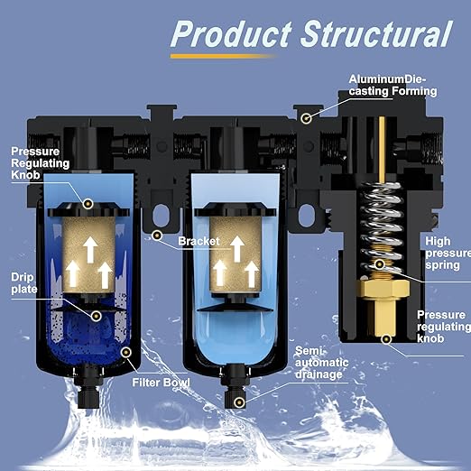 3/8" NPT Air Dryer System,Air Compressor Filter Dryer,5 and 5 Micron Filter Cartridge,Semi-Auto Drain, Metal Bracket