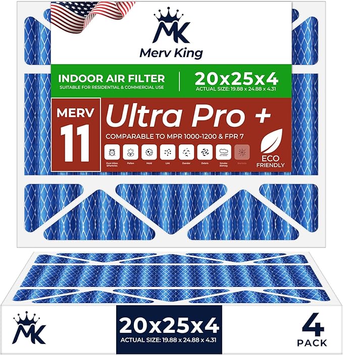 MervKing 20x25x4 Air Filter Actual Size: 19.88" x 24.88" x 4.31" MERV 11 MPR 1000-1200 | MADE IN USA | 4-Pack | Pleated HVAC AC Furnace Replacement