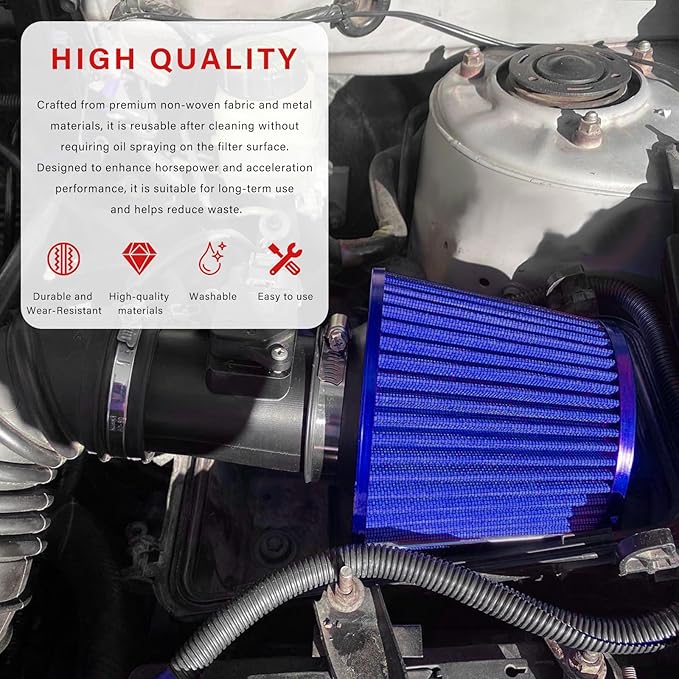 Sun Walker Clamp-on Air Intake Filter, 3/3.5/4 Inch High Flow Round Tapered Air Filter for Enhanced Engine Power, Washable & Reusable Cone Filters Replacement for Car Truck Motorcycle (Blue)
