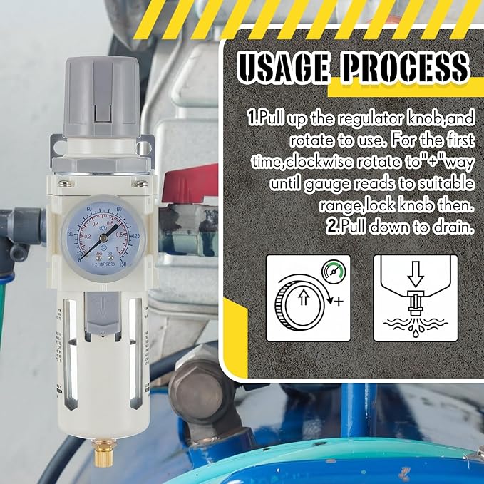 Tuanse Manual Drain 1/2" NPT Compressed Air Filter Regulator, Piggyback Combo, 5µm Brass Element, Poly Bowl, Metal Bracket & Fittings, 0-150 Psi Gauge, for Industrial & Spray Painting