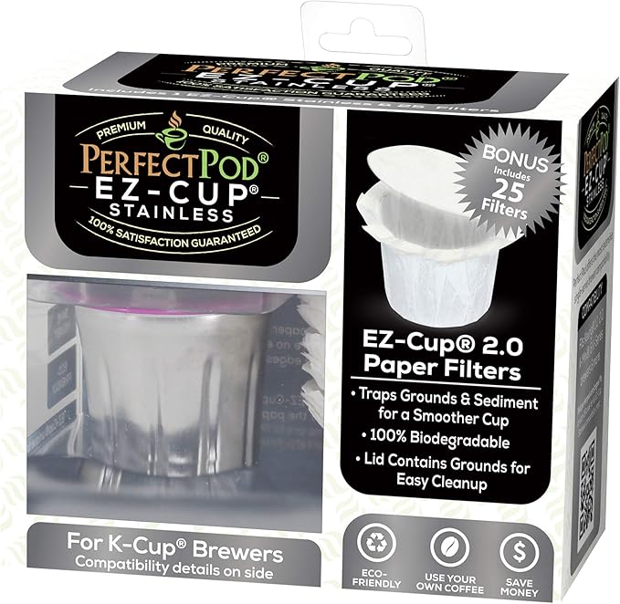 EZ-Cup Stainless Steel 1-Stream Reusable K Cup Coffee Pod for Keurig + 25 Disposable Paper Filters - Refillable Capsule Compatible with Keurig and Other Select Coffee Makers