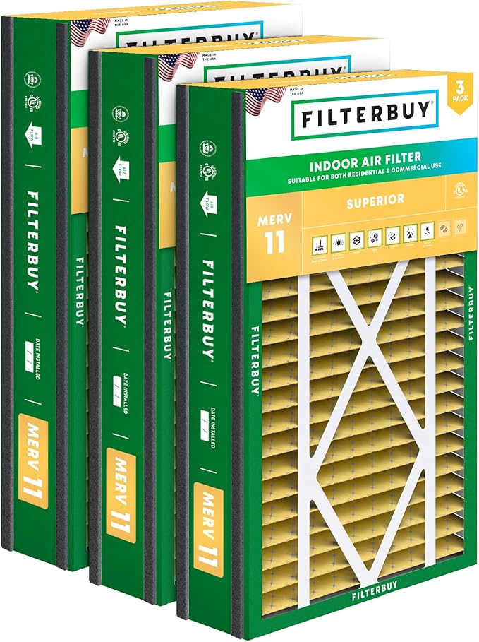 Filterbuy 16x25x5 Air Filter MERV 11 Superior Pet & Allergy Defense (3-Pack), Electrostatic Pleated HVAC AC Furnace Filters for Trion Air Bear 255649-105 and More (Actual Size: 15.63 x 24.13 x 4.88)