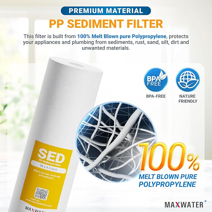 Max Water 5 Micron 20 x 4.5 Sediment Filter 20 inch Whole House BB Water Filteration System Replacement Compatible Cartridge DGD-5005-20, FP25B, AP810-6, FPMB5-20, P5-20, 155358-43, SDC-45-2005