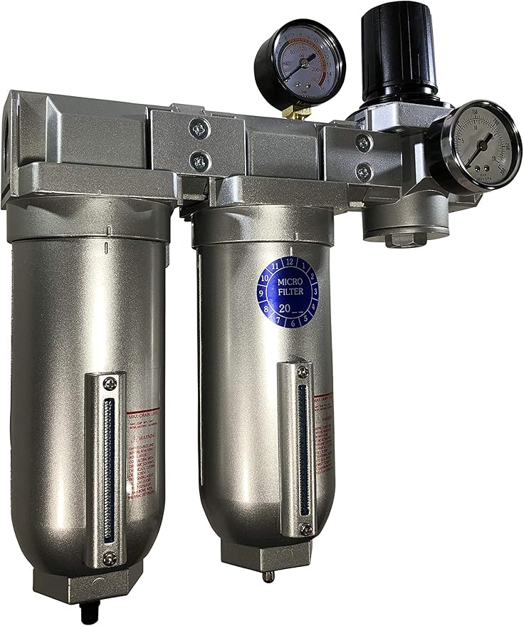 INDUSTRIAL RATED Three Stage Air Drying System - EXTRA LARGE BOWLS- Air Particulate Filter, 0.01 Micron Coalescing Filter & Air Pressure Regulator Modular Combo 1" NPT - Auto Drain, Metal Bowl