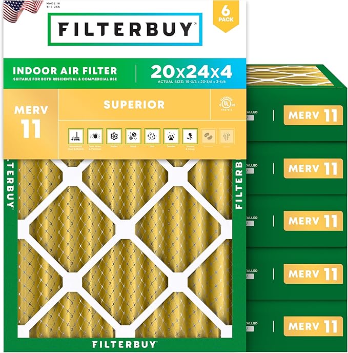 Filterbuy 20x24x4 Air Filter MERV 11 Superior Pet & Allergy Defense (6-Pack), Electrostatic Pleated HVAC AC Furnace Filters Replacement, Made in USA (Actual Size: 19.38 x 23.38 x 3.63)