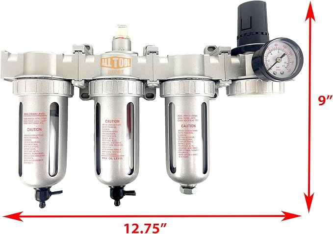 1/2" NPT MID FLOW 4 Stages Filter Coalescing Desiccant Dryer Regulator System For Compressed Air Lines, Poly Bowls, Great For Paint Spray And Plasma Cutter (MANUAL DRAIN)