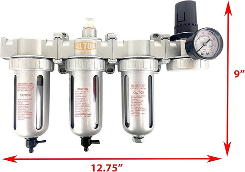 1/4" NPT MID FLOW 4 Stages Filter Coalescing Desiccant Dryer Regulator System For Compressed Air Lines, Poly Bowls, Great For Paint Spray And Plasma Cutter (MANUAL DRAIN)