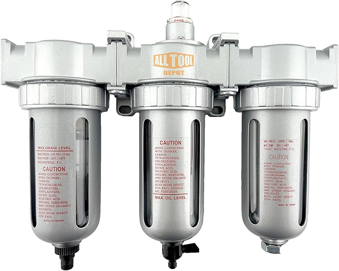 1/4" NPT MID FLOW 3 Stages Filter Coalescing Desiccant Dryer System For Compressed Air Lines, Poly Bowls, Great For Paint Spray And Plasma Cutter (AUTO DRAIN)