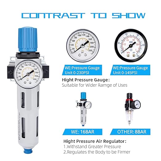 NANPU 3/8" NPT High Pressure Compressed Air Filter Regulator Water/Oil Trap Separator - Gauge(0-230 psi), Poly Bowl,Semi-Auto Drain, Bracket