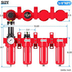 TAILONZ PNEUMATIC 0-150PSI 3/8 Inch NPT Red Industrial Grade 4 Stage Air Drying System, Particulate Filter, Coalescing Filter, Double Desiccant Dryer and Air Regulator (Manual Drainage)