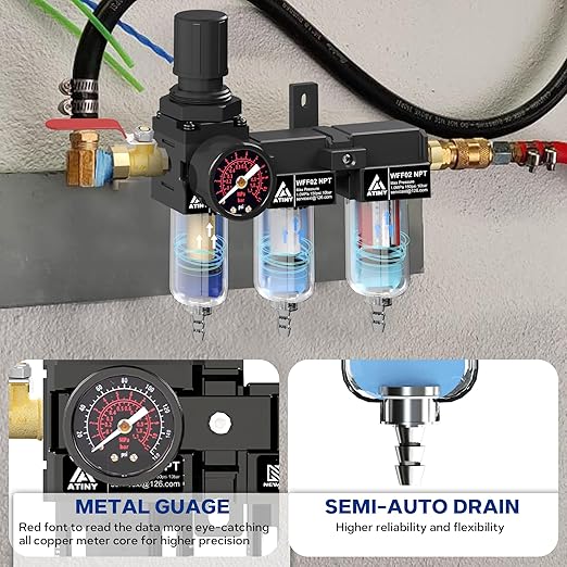 3 Stage Air Dryer 1/4" NPT,Air Dryer System Air Compressor Filter Dryer,5 &0.5 &0.01 Micron Filter Cartridge,Semi-Auto Drain, Metal Bracket-Blue