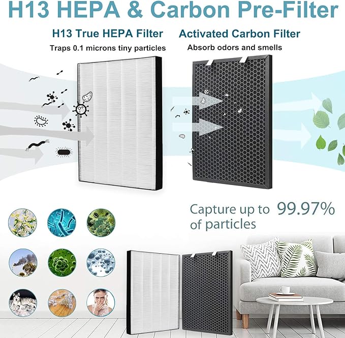 FFsign 2678 Replacement High Efficiency HEPA Filter + 2677 Actived Carbon Filter for Bissell Air220 Air320, 1 True HEPA Pre-Filter & 1 Carbon Filter