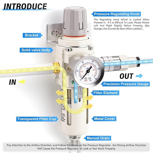 TAILONZ PNEUMATIC 3/8 Inch NPT Air Filter Pressure Regulator Combo Piggyback, Air Tool Compressor Filter with Gauge AW3000-03