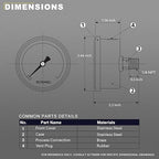 2-1/2" Dial Size, 0-60 Psi Low Pressure Gauge, Glycerin Liquid Filled, 1/4" NPT Back Mount, Stainless Steel Case, for Pool Sand Filter, Water Pump, Regulator, Air, Oil Pressure Test