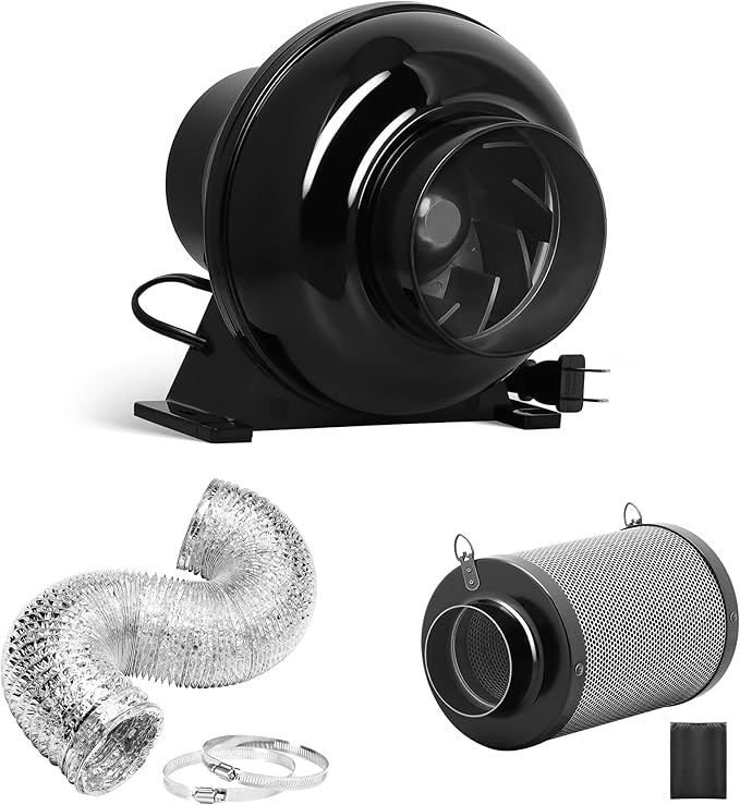 iPower 4 Inch 195 CFM Inline Fan Upgrade, Air Carbon Filter, 8 Feet Flexible Ducting and Rope Hanger, Ventilation Exhaust Blower Kits for Grow Tent, HVAC Heating Cooling