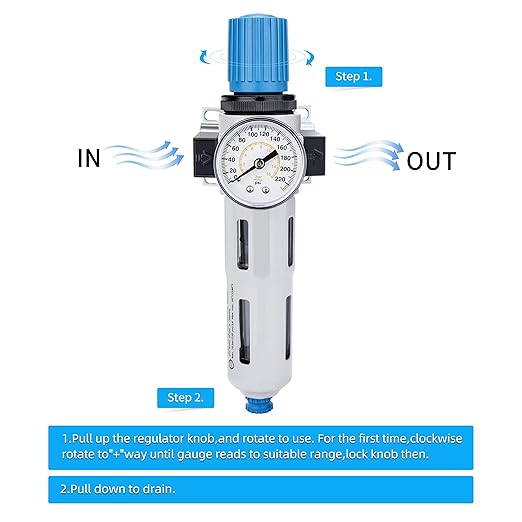 NANPU 3/8" NPT High Pressure Compressed Air Filter Regulator Water/Oil Trap Separator - Gauge(0-230 psi), Poly Bowl,Semi-Auto Drain, Bracket