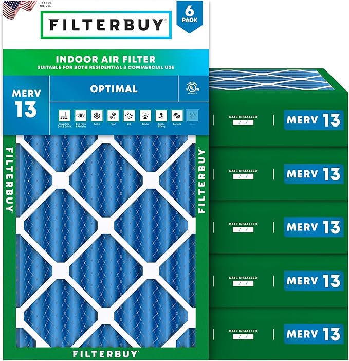 Filterbuy 12x25x4 Air Filter MERV 13 Optimal Smoke & Allergy Defense (6-Pack), Electrostatic Pleated HVAC AC Furnace Filters Replacement, Made in USA (Actual Size: 11.50 x 24.50 x 3.63)